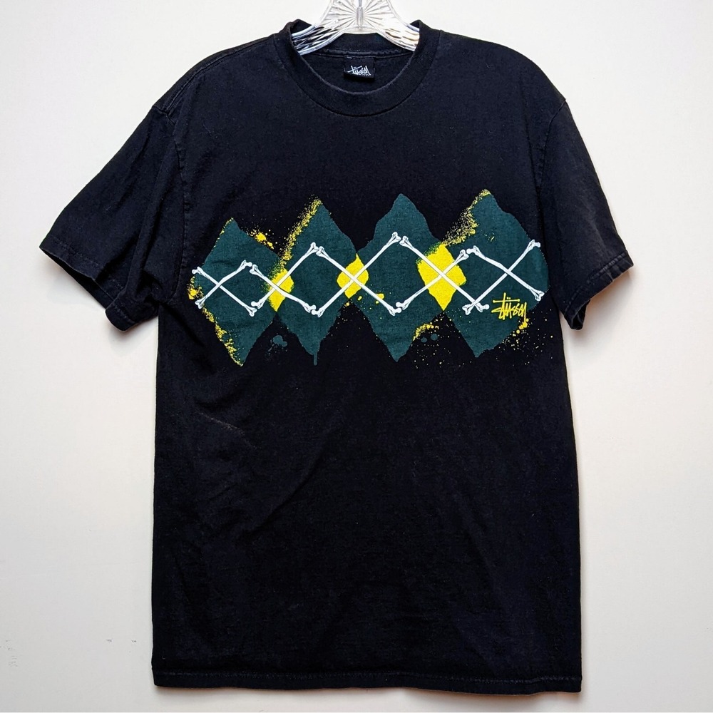Stussy Vintage 2006 Skull Crossbone Argyle Black Y2K Shirt Medium